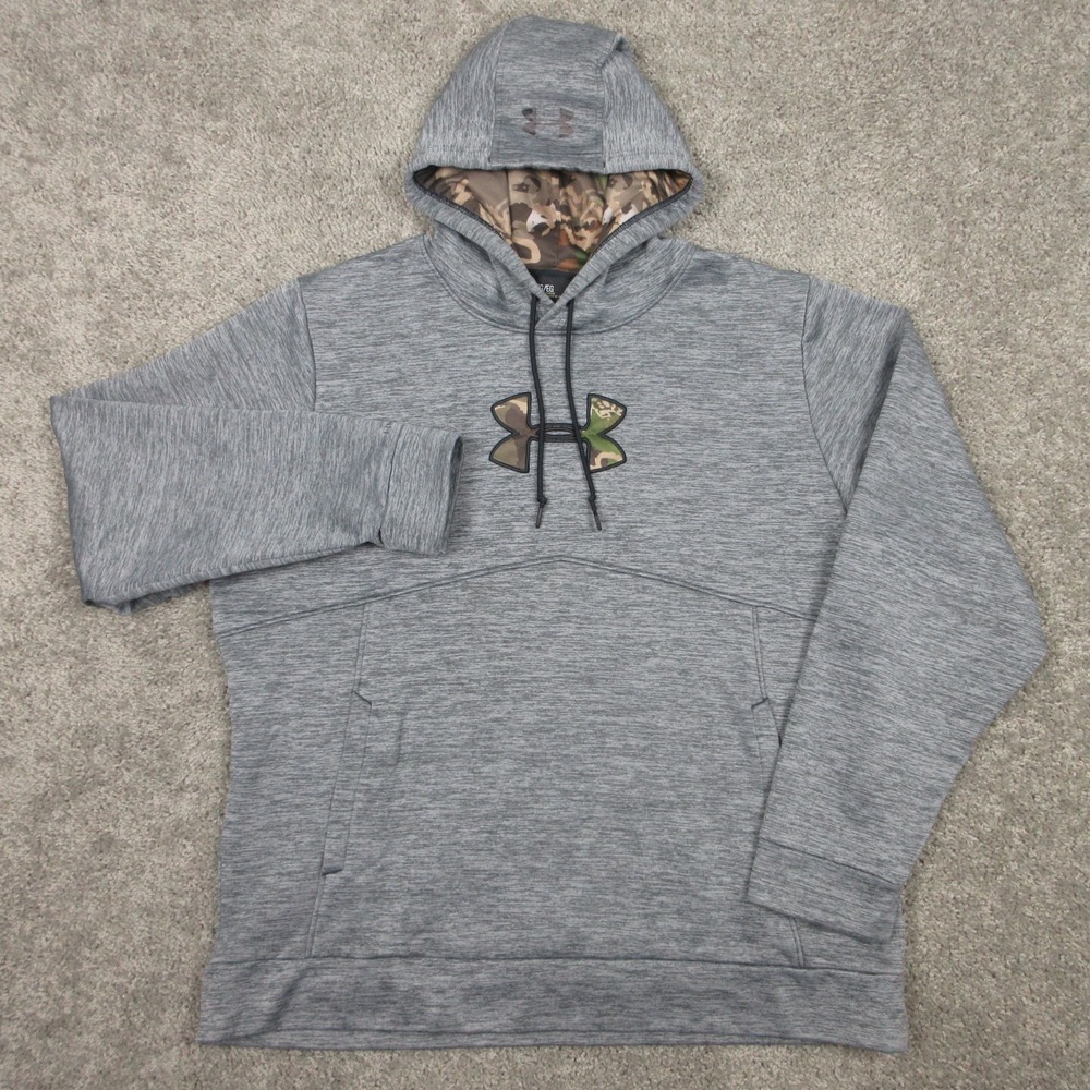 Under Armour Sweater Mens‎ XL Gray Camo Logo Hunting Pullover Hoodie Sweatshirt